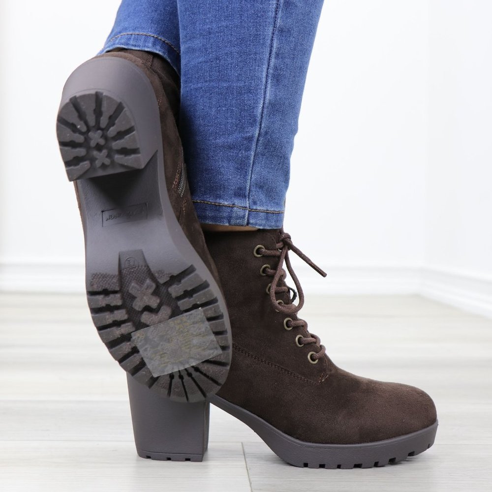 Brown Faux Suede Lace-Up Lug Chunky Block High Heel Ankle Boots - Picture 4 of 12